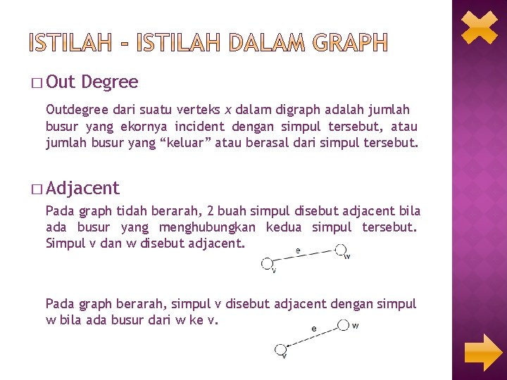 � Out Degree Outdegree dari suatu verteks x dalam digraph adalah jumlah busur yang