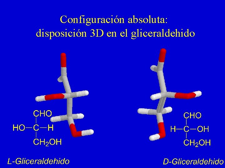 Configuración absoluta: disposición 3 D en el gliceraldehido Configuración absoluta: disposición 3 D en el gliceraldehido