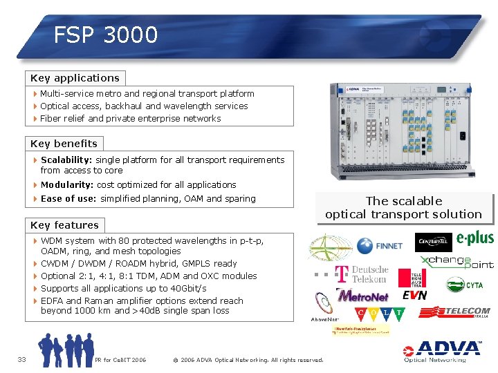 FSP 3000 Key applications 4 Multi-service metro and regional transport platform 4 Optical access,