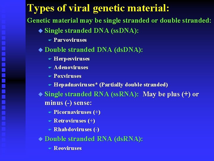 Types of viral genetic material: Genetic material may be single stranded or double stranded: