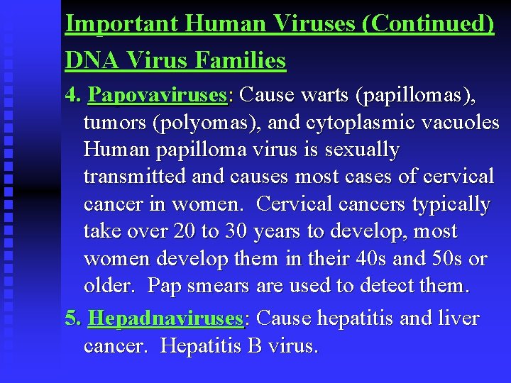 Important Human Viruses (Continued) DNA Virus Families 4. Papovaviruses: Cause warts (papillomas), tumors (polyomas),