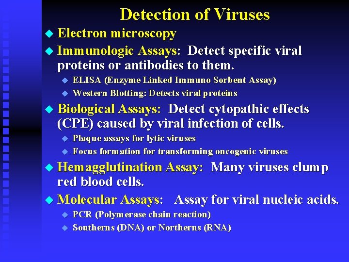Detection of Viruses u Electron microscopy u Immunologic Assays: Detect specific viral proteins or