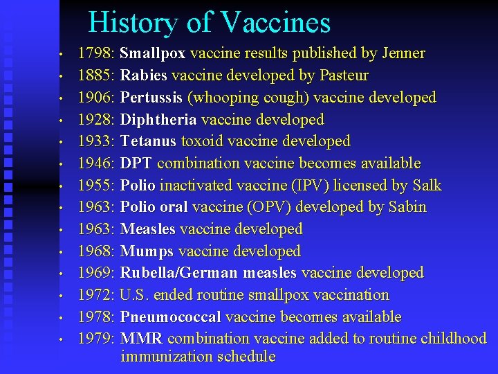 History of Vaccines • • • • 1798: Smallpox vaccine results published by Jenner