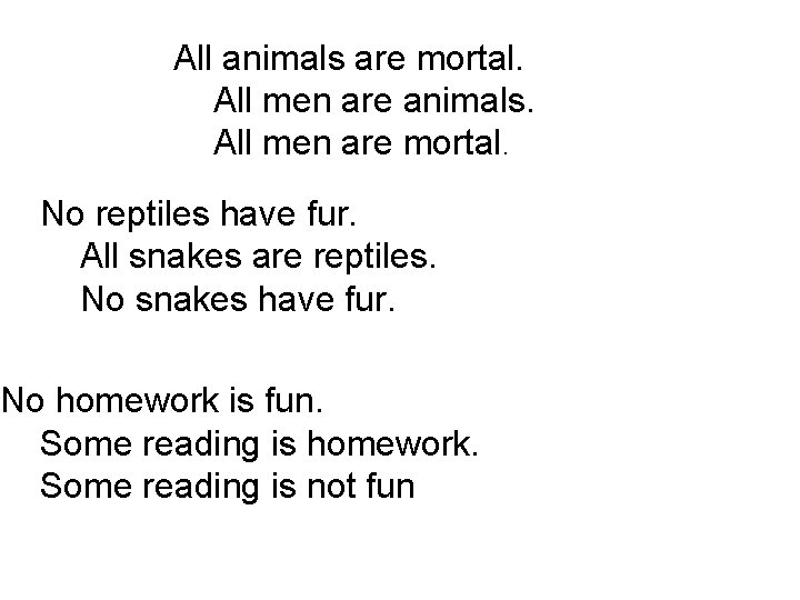 All animals are mortal. All men are animals. All men are mortal. No reptiles