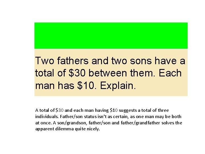 Two fathers and two sons have a total of $30 between them. Each man