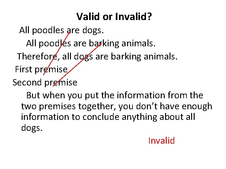 Valid or Invalid? All poodles are dogs. All poodles are barking animals. Therefore, all