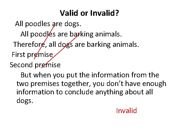 Valid or Invalid? All poodles are dogs. All poodles are barking animals. Therefore, all