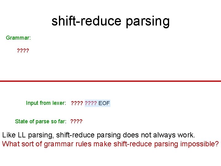 shift-reduce parsing Grammar: ? ? Input from lexer: ? ? ? ? EOF State shift-reduce parsing Grammar: ? ? Input from lexer: ? ? ? ? EOF State