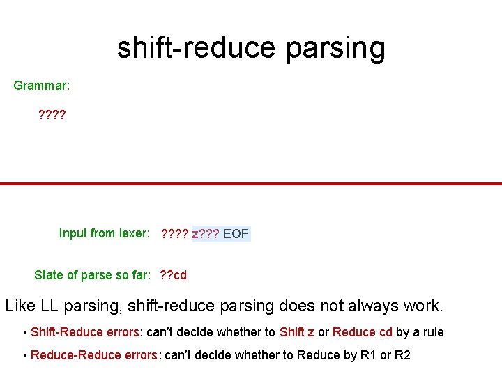 shift-reduce parsing Grammar: ? ? Input from lexer: ? ? z? ? ? EOF shift-reduce parsing Grammar: ? ? Input from lexer: ? ? z? ? ? EOF