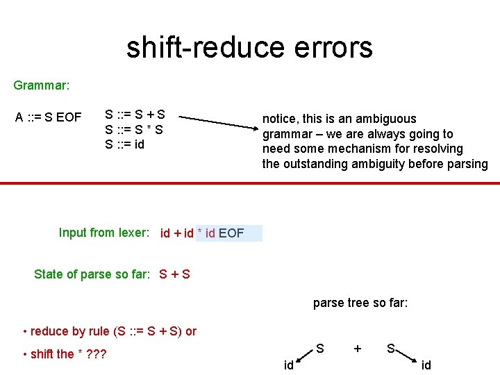 shift-reduce errors Grammar: A : : = S EOF S : : = S shift-reduce errors Grammar: A : : = S EOF S : : = S