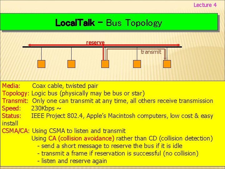 Lecture 4 Local. Talk - Bus Topology reserve transmit Media: Coax cable, twisted pair