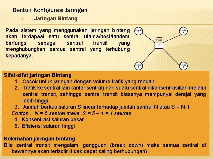 Bentuk Konfigurasi Jaringan 2. Jaringan Bintang Pada sistem yang menggunakan jaringan bintang akan terdapaat