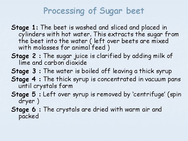 Processing of Sugar beet Stage 1: The beet is washed and sliced and placed