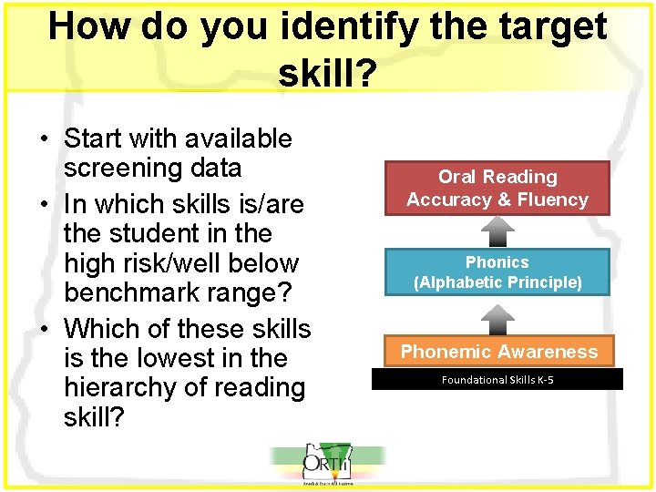 How do you identify the target skill? • Start with available screening data • How do you identify the target skill? • Start with available screening data •