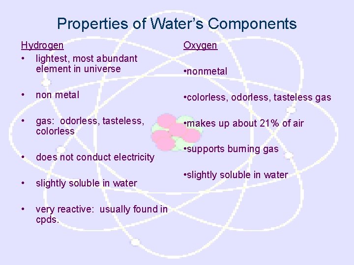 Properties of Water’s Components Hydrogen • lightest, most abundant element in universe Oxygen •