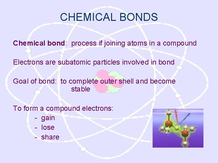 CHEMICAL BONDS Chemical bond: process if joining atoms in a compound Electrons are subatomic