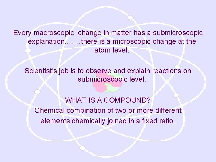 Every macroscopic change in matter has a submicroscopic explanation……. there is a microscopic change