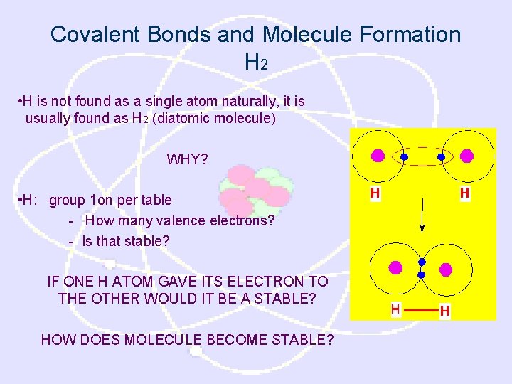 Covalent Bonds and Molecule Formation H 2 • H is not found as a