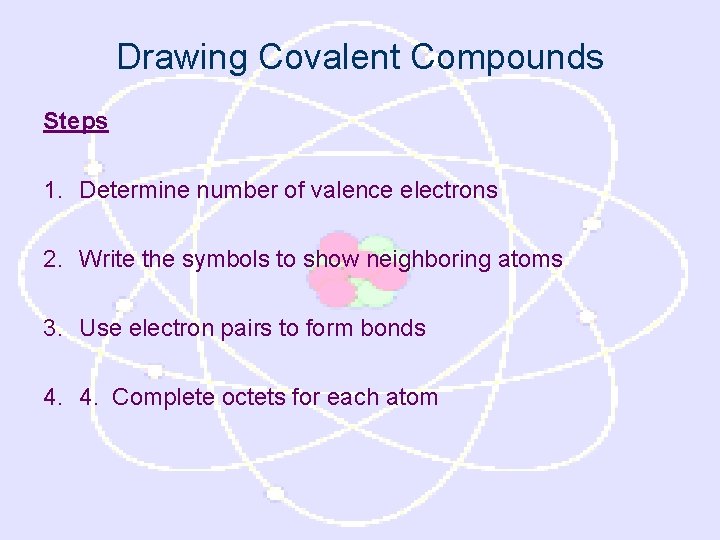 Drawing Covalent Compounds Steps 1. Determine number of valence electrons 2. Write the symbols