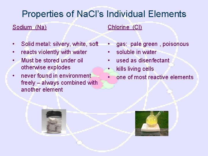 Properties of Na. Cl’s Individual Elements Sodium (Na) Chlorine (Cl) • • • Solid