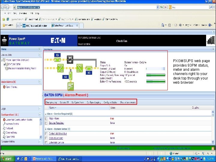 PXGMSUPS web page provides 93 PM status, meter and alarm channels right to your