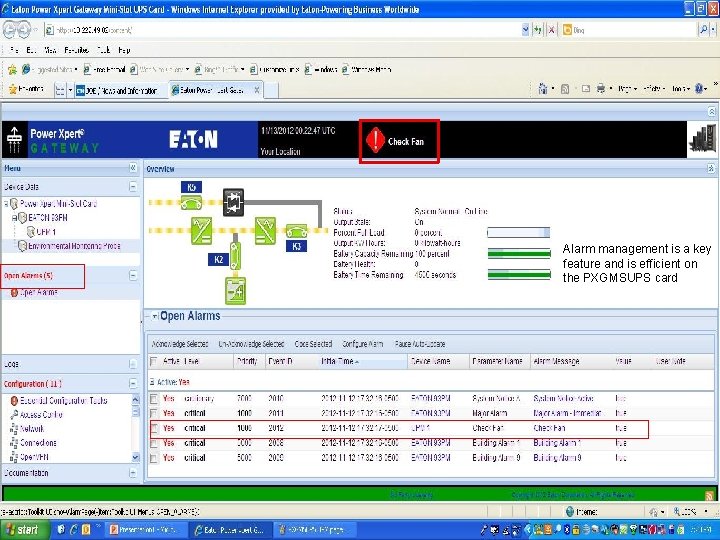 Alarm management is a key feature and is efficient on the PXGMSUPS card 