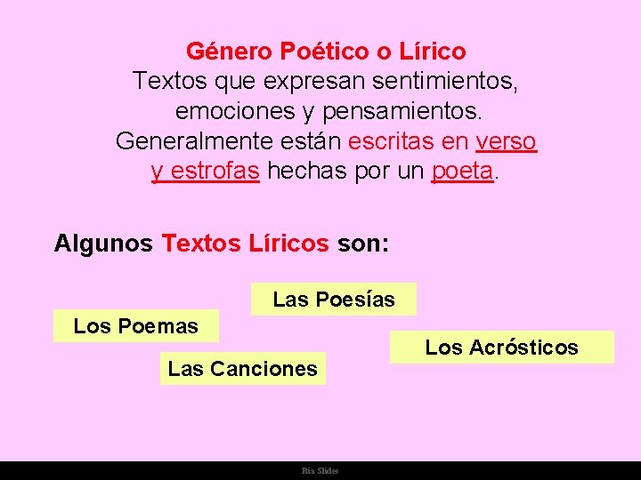 Género Poético o Lírico Textos que expresan sentimientos, emociones y pensamientos. Generalmente están escritas