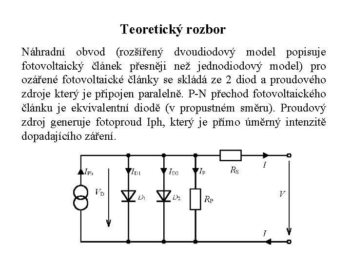 Teoretický rozbor Náhradní obvod (rozšířený dvoudiodový model popisuje fotovoltaický článek přesněji než jednodiodový model)