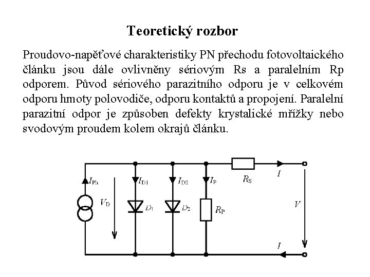 Teoretický rozbor Proudovo-napěťové charakteristiky PN přechodu fotovoltaického článku jsou dále ovlivněny sériovým Rs a