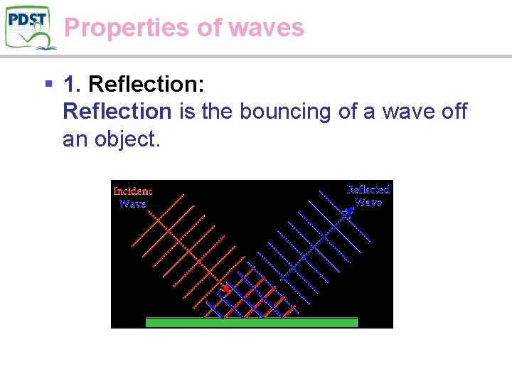 Properties of waves § 1. Reflection: Reflection is the bouncing of a wave off