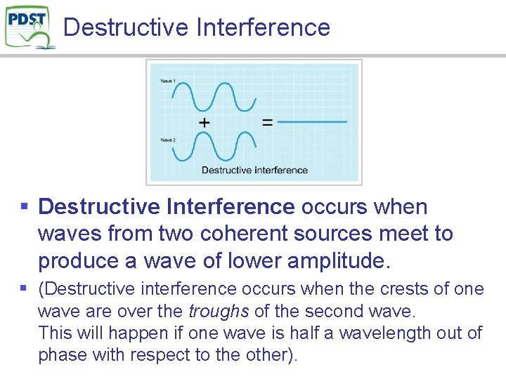 Destructive Interference § Destructive Interference occurs when waves from two coherent sources meet to