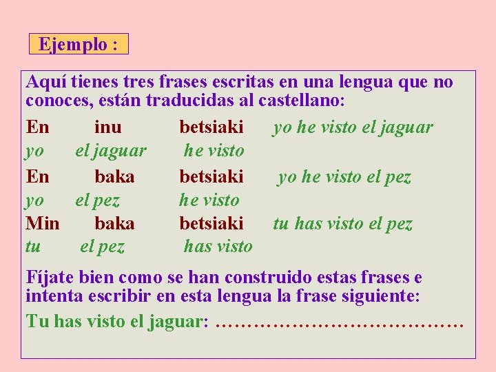 Ejemplo : Aquí tienes tres frases escritas en una lengua que no conoces, están