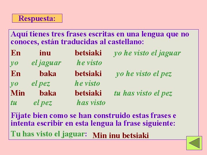 Respuesta: Aquí tienes tres frases escritas en una lengua que no conoces, están traducidas