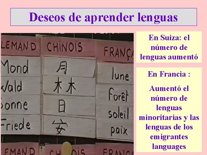 Deseos de aprender lenguas En Suiza: el número de lenguas aumentó En Francia :