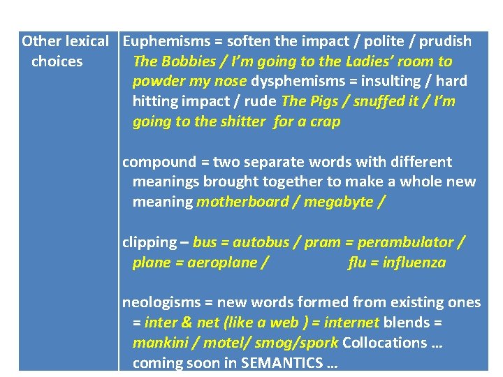 Other lexical Euphemisms = soften the impact / polite / prudish choices The Bobbies