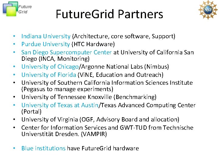 Future Grid Future. Grid Partners • Indiana University (Architecture, core software, Support) • Purdue