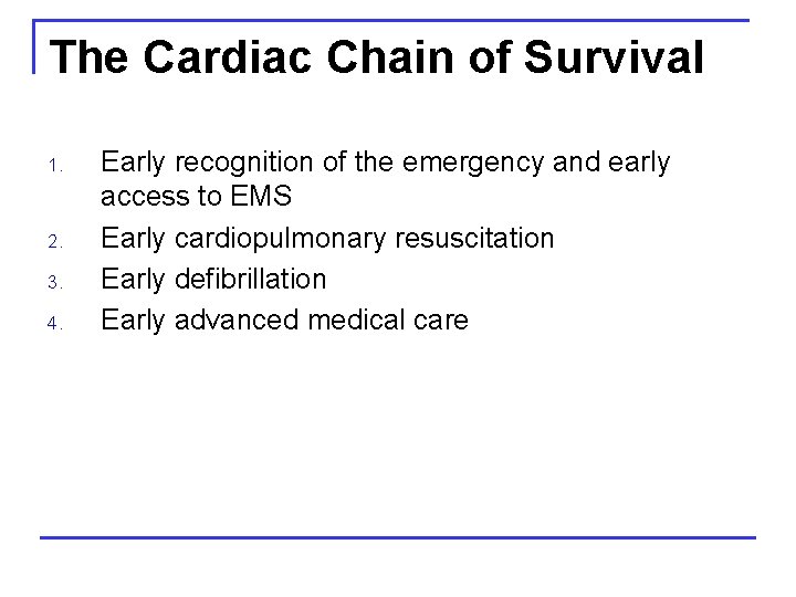 The Cardiac Chain of Survival 1. 2. 3. 4. Early recognition of the emergency