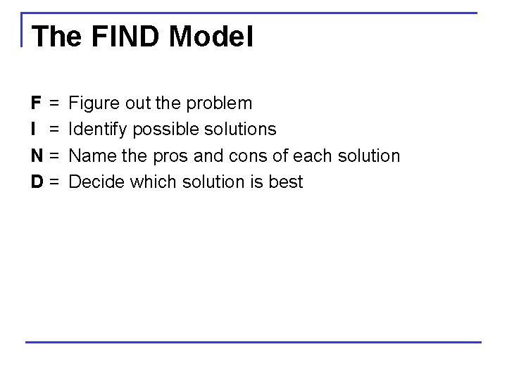 The FIND Model F I N D = = Figure out the problem Identify