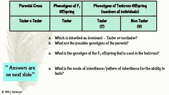 Parental Cross Phenotypes of F 1 Offspring Taster x Taster Phenotypes of Testcross Offspring