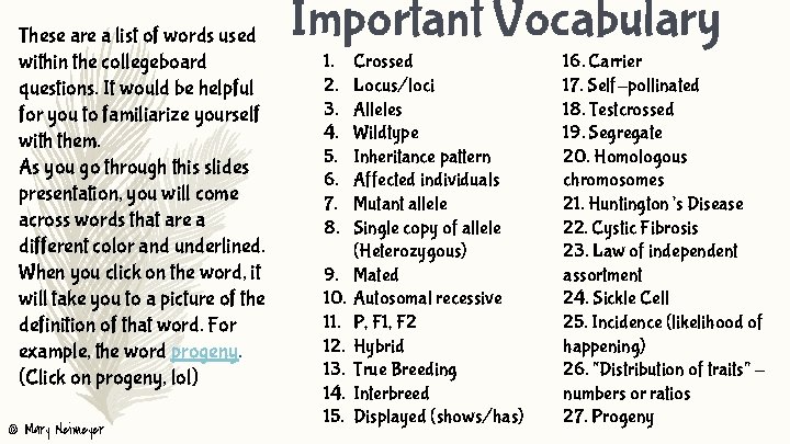 These are a list of words used within the collegeboard questions. It would be