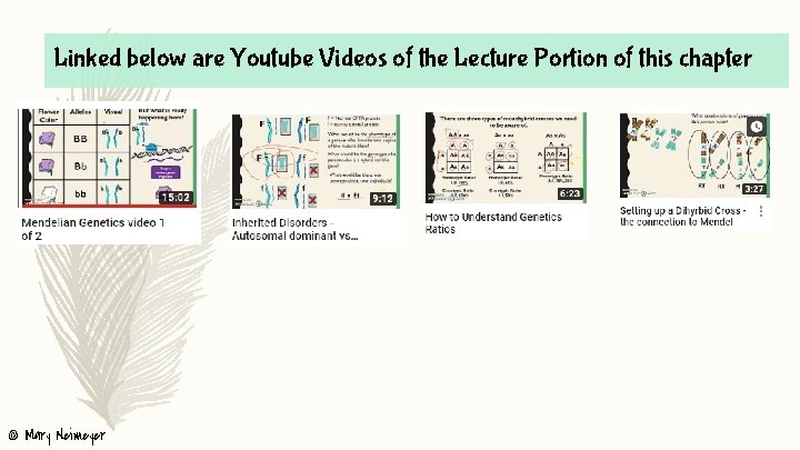 Linked below are Youtube Videos of the Lecture Portion of this chapter © Mary