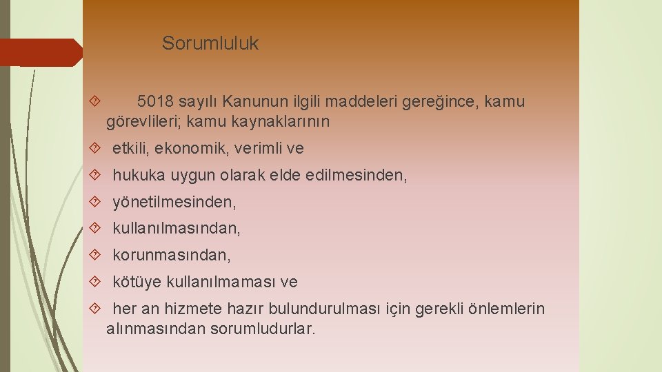  Sorumluluk 5018 sayılı Kanunun ilgili maddeleri gereğince, kamu görevlileri; kamu kaynaklarının etkili, ekonomik,