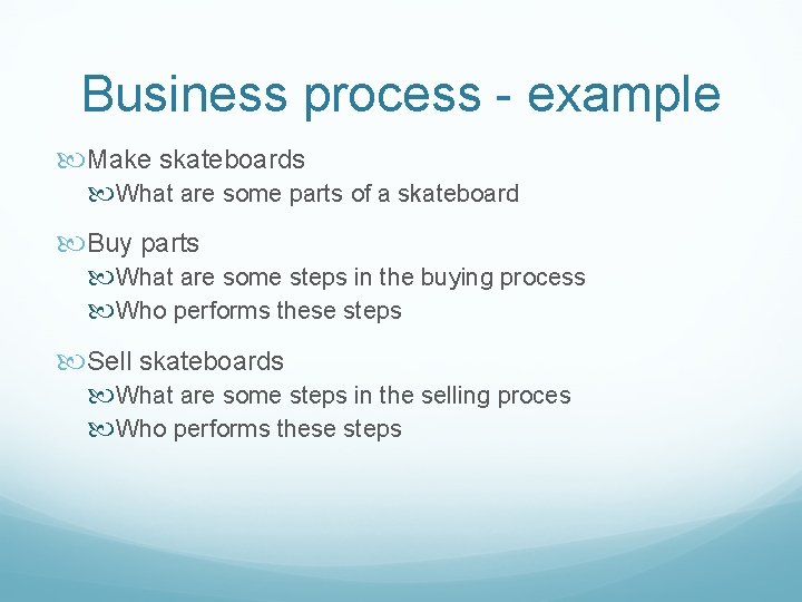 Business process - example Make skateboards What are some parts of a skateboard Buy