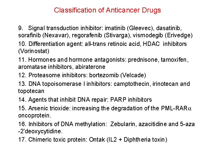 Classification of Anticancer Drugs 9. Signal transduction inhibitor: imatinib (Gleevec), dasatinib, sorafinib (Nexavar), regorafenib