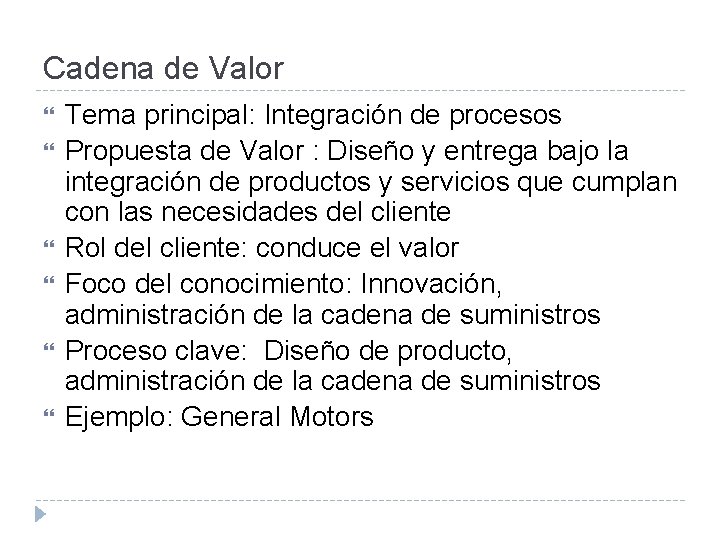 Cadena de Valor Tema principal: Integración de procesos Propuesta de Valor : Diseño y