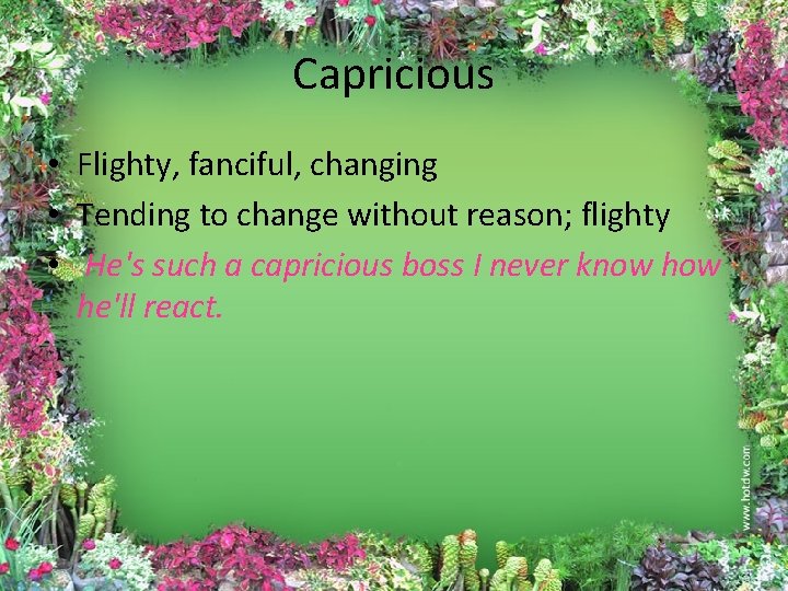 Capricious • Flighty, fanciful, changing • Tending to change without reason; flighty • He's