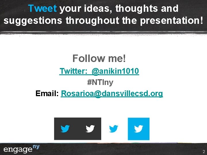 Tweet your ideas, thoughts and suggestions throughout the presentation! Follow me! Twitter: @anikin 1010