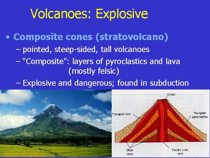 Volcanoes: Explosive • Composite cones (stratovolcano) – pointed, steep-sided, tall volcanoes – “Composite”: layers