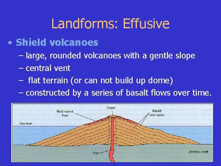 Landforms: Effusive • Shield volcanoes – large, rounded volcanoes with a gentle slope –