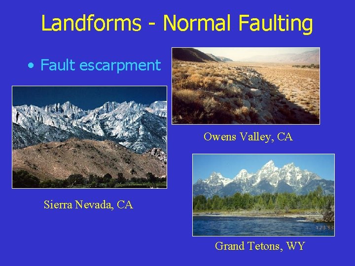 Landforms - Normal Faulting • Fault escarpment Owens Valley, CA Sierra Nevada, CA Grand